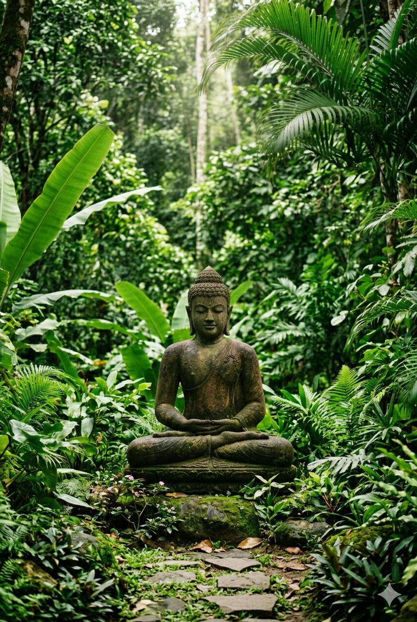 Estátua de Buda em meditação entre folhas verdes